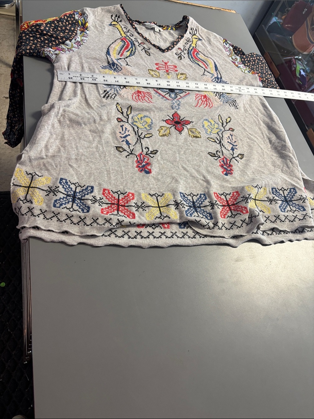 John Mark Light Gray Embroidered V-Neck Tunic with Multicolor Motifs